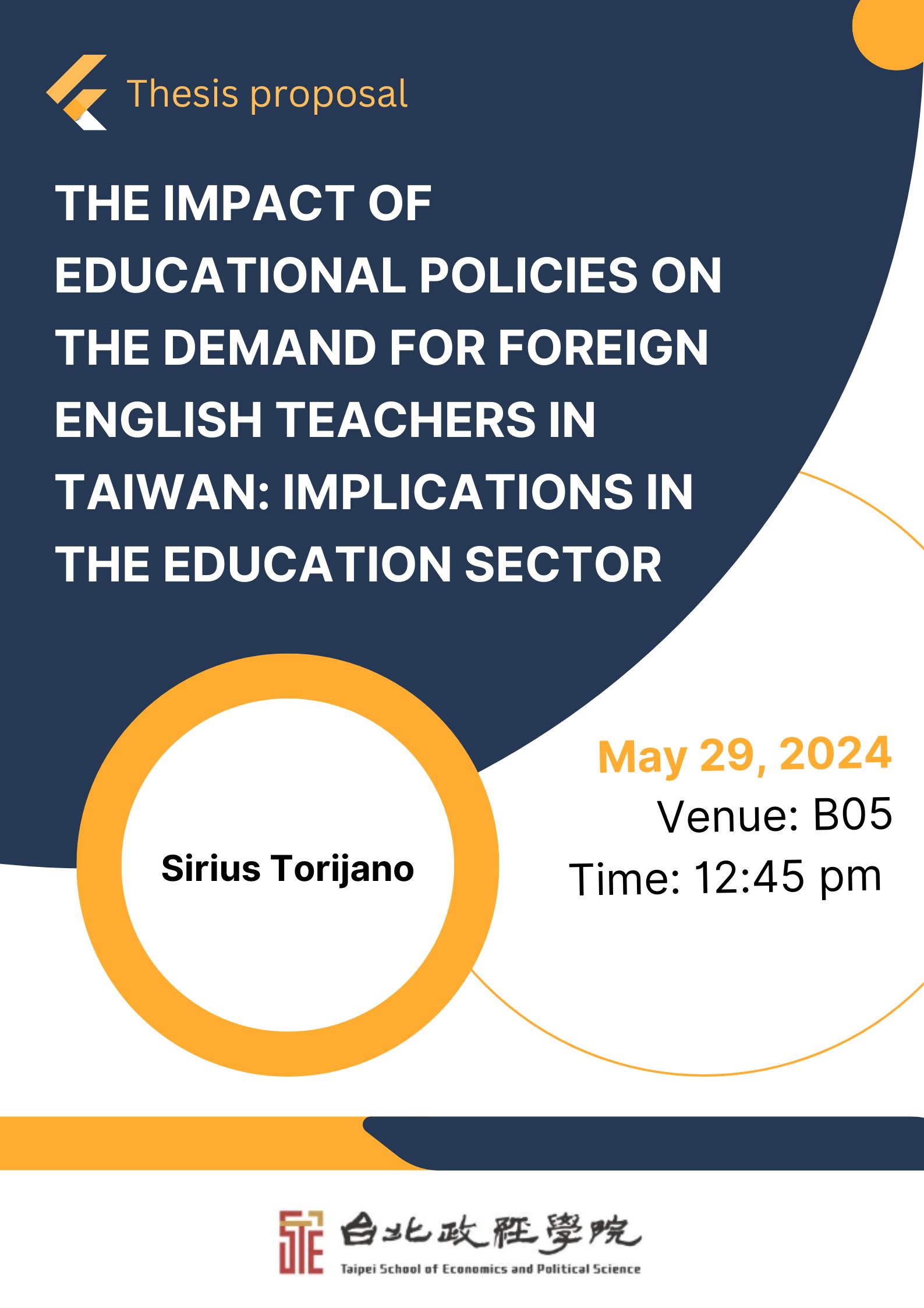 MA Thesis Proposal Presentation at B05 on May 29 2024 at 1:00 PM titled "The Impact of Educational Policies on the Demand for Foreign English Teachers in Taiwan: Implications in the Education Sector" by Sirius Osiris Torijano